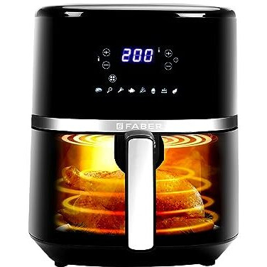 Faber 6L 1500W Digital Air Fryer | Fry, Bake, Roast, Toast, Defrost, Grill & Reheat | 85% Less Oil, 360 Air Cooking | 8-Preset Menu, Led Display & Touch Control, Non-Stick Pan, View Window | (Black)