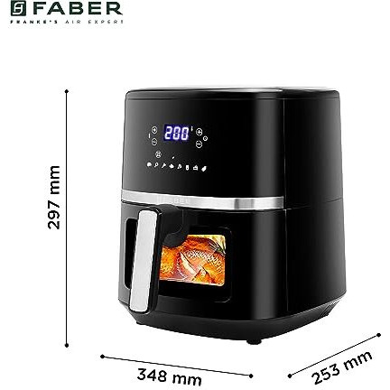 Faber 6L 1500W Digital Air Fryer | Fry, Bake, Roast, Toast, Defrost, Grill & Reheat | 85% Less Oil, 360 Air Cooking | 8-Preset Menu, Led Display & Touch Control, Non-Stick Pan, View Window | (Black)