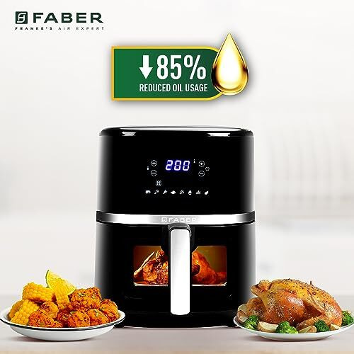 Faber 6L 1500W Digital Air Fryer | Fry, Bake, Roast, Toast, Defrost, Grill & Reheat | 85% Less Oil, 360 Air Cooking | 8-Preset Menu, Led Display & Touch Control, Non-Stick Pan, View Window | (Black)