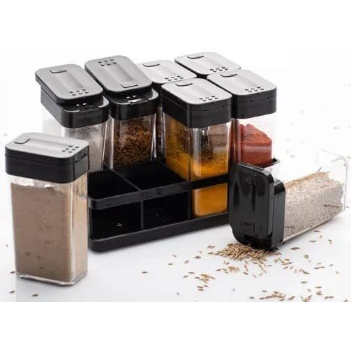 Sekoy Plastic Black Kitchen 8 Pcs Sets Air Tight Rasoi Box Spice Storage Jar Masala Box Spice Container Idle For, Easy Flow Spice Storage Container With Tray