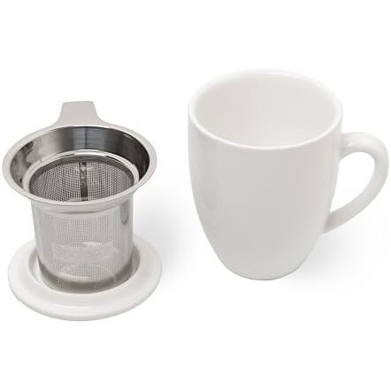 Sipologie Premium Ceramic Tea Mug With Stainless-Steel Infuser (300Ml), Ideal For Office Use And Brewing Loose Leaf Tea, High Fired, Finely Glazed Ceramic Cup With Lid (White)