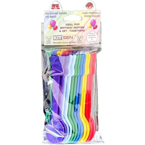 Swish Kitsen Reusable Plastic Spoon And Fork Set. 12 Spoons&12 Forks. Kids Friendly And Ideal For Birthday Parties, Get Together, Picnic, Lunch Box And More.