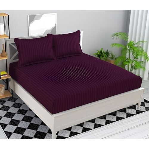 Starnstyle Microfiber Premium Elastic Fitted Striped Bedsheet With 2 Pillow Covers (, 78'' X 72'' King Size) (Wine)