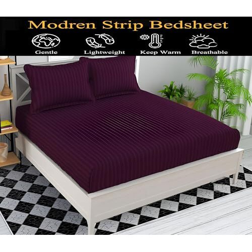 Starnstyle Microfiber Premium Elastic Fitted Striped Bedsheet With 2 Pillow Covers (, 78'' X 72'' King Size) (Wine)