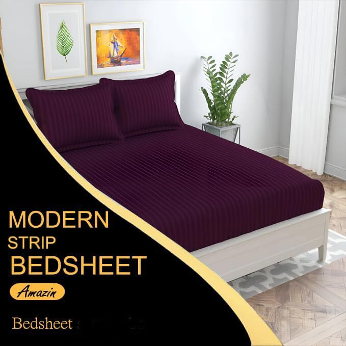 Starnstyle Microfiber Premium Elastic Fitted Striped Bedsheet With 2 Pillow Covers (, 78'' X 72'' King Size) (Wine)