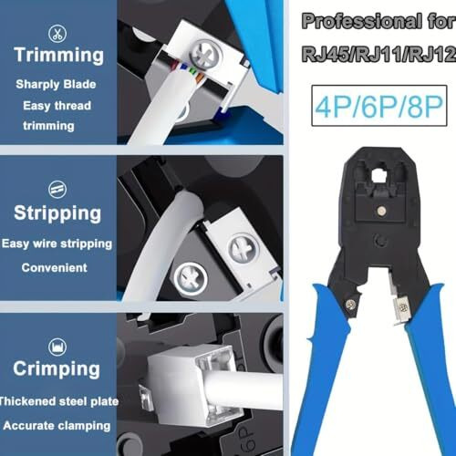 Coolcold Crimping Tool Rj45 | Tool Kit | Wire Stripper And Cutter, 3 In 1 Modular Rj11 Utp Cat5E/Cat6 Lan Cutter Rj45 Rj12 4P4C 4P2C, With 5Pcs Rj45 Connectors And 5Pcs Boot Covers (Blue)
