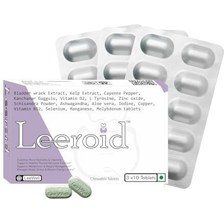 Leeroid Chewable Thyroid Support Supplements | Frequent Fatigue, Aches Weakness, Tiredness Relief Aid | Cold Sensitivity, Intolerance | Selenium, Iodine, Zinc, Copper, Manganese, Molybdenum, Vitamin B12, | L Tyrosine, Schisandra Chinensis, Ashwagandha, Bladderwrack, Sea Kelp, Cayenne Pepper - 30 Tablets