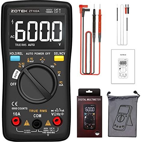 Zotek Zt-102A Multimeter Voltage Tester Circuit Tester Manual/Automatic Mode True Rms Auto Range Digital Multimeter Pocket Multimeter Lcd 6000Counts Ncv,10A 60M