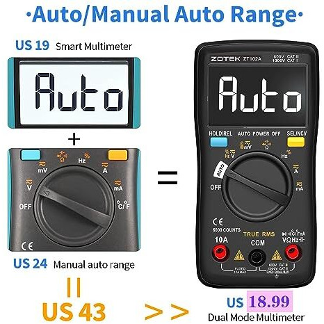 Zotek Zt-102A Multimeter Voltage Tester Circuit Tester Manual/Automatic Mode True Rms Auto Range Digital Multimeter Pocket Multimeter Lcd 6000Counts Ncv,10A 60M