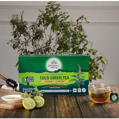 A Tata Product - Organic India Tulsi Green Tea Honey Lemon - 100 Tea Bags, Refreshing Blend With Tulsi, Green Tea, Lemon & Honey Flavors, Naturally Sourced Ingredients, Staple-Free Bags