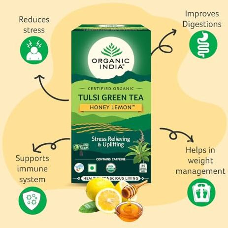 A Tata Product - Organic India Tulsi Green Tea Honey Lemon - 100 Tea Bags, Refreshing Blend With Tulsi, Green Tea, Lemon & Honey Flavors, Naturally Sourced Ingredients, Staple-Free Bags