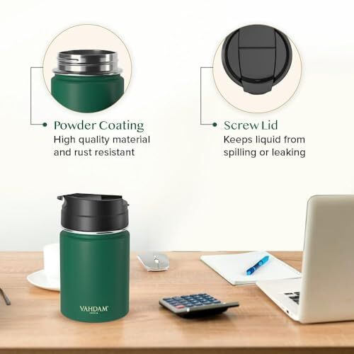 Vahdam Vitality Flip Bottle - 300Ml, Dark Green | Compact & Versatile For Hot/Cold Beverages | Vacuum Insulated, Double Wall | Eco-Friendly, Reusable & Sustainable Workout Sipper, Stainless Steel