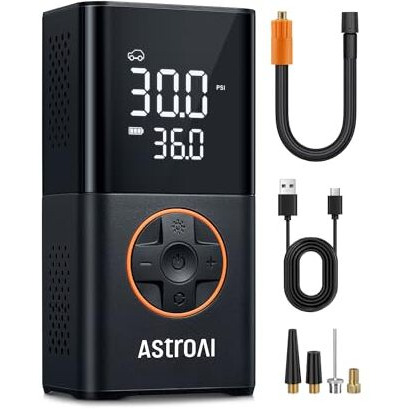 Astroai Tyre Inflator Cordless Air Compressor, Portable Electric Bike Pump 150 Psi, With Digital Dual Values Display, Pressure Gauge, Ledlight, Rechargeable Tyre Pump For Car, Bike, Motorbike, Ball