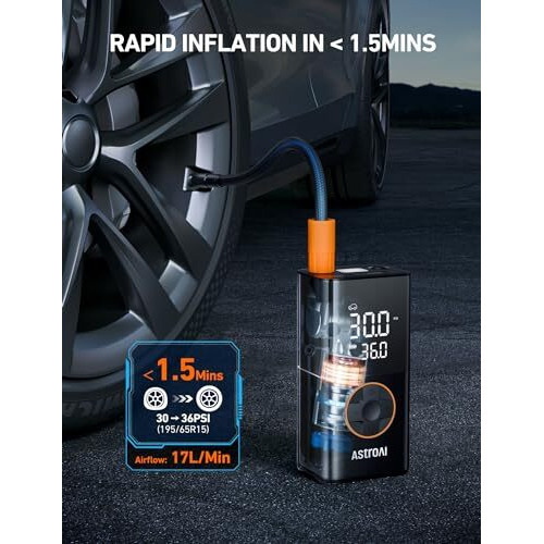 Astroai Tyre Inflator Cordless Air Compressor, Portable Electric Bike Pump 150 Psi, With Digital Dual Values Display, Pressure Gauge, Ledlight, Rechargeable Tyre Pump For Car, Bike, Motorbike, Ball