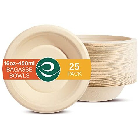 Eco Soul 475 Ml, 25-Pack Compostable Bagasse Bowls - Disposable Eco-Friendly Biodegradable For Party, Wedding, Event (Brown)