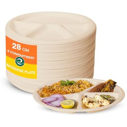 Eco Soul [11 Inch, 50 Pack, 4-Compartment Disposable Bagasse Plates | Eco-Friendly, Biodegradable, Sugarcane Paper Plates | For Serving Dinner | Birthday, Wedding & Party | Round, Beige (28 Cm)