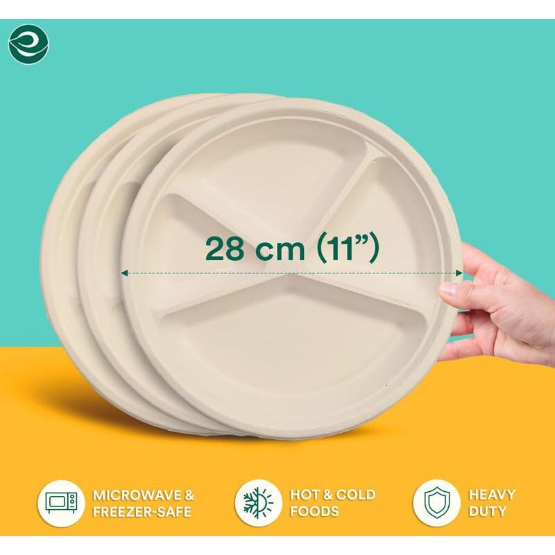 Eco Soul [11 Inch, 50 Pack, 4-Compartment Disposable Bagasse Plates | Eco-Friendly, Biodegradable, Sugarcane Paper Plates | For Serving Dinner | Birthday, Wedding & Party | Round, Beige (28 Cm)