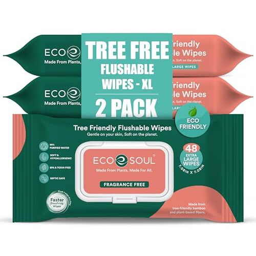 Eco Soul [Pack Of 2, 48 Count] Flushable Extra-Large Adult Wipes-Unscented | Eco-Friendly Compostable| 99% Purified Water, Hypoallergenic,Soft Wipes, Bpa