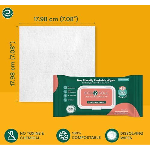 Eco Soul [Pack Of 2, 48 Count] Flushable Extra-Large Adult Wipes-Unscented | Eco-Friendly Compostable| 99% Purified Water, Hypoallergenic,Soft Wipes, Bpa