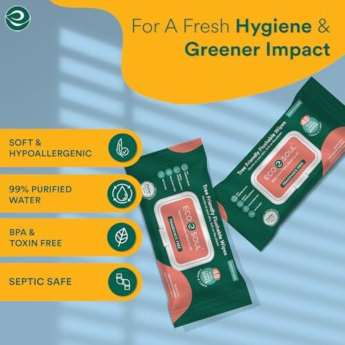 Eco Soul [Pack Of 2, 48 Count] Flushable Extra-Large Adult Wipes-Unscented | Eco-Friendly Compostable| 99% Purified Water, Hypoallergenic,Soft Wipes, Bpa