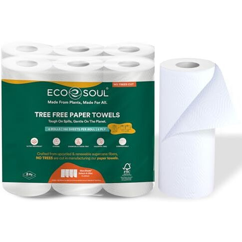Eco Soul [2 Ply, 360 Pulls] Tree-Free Kitchen Paper Towel | Pack Of 6 (60 Pulls Per Pack) | Soft & Highly Absorbent | Eco Friendly, Natural, Biodegradable | Everyday Kitchen Paper Towel
