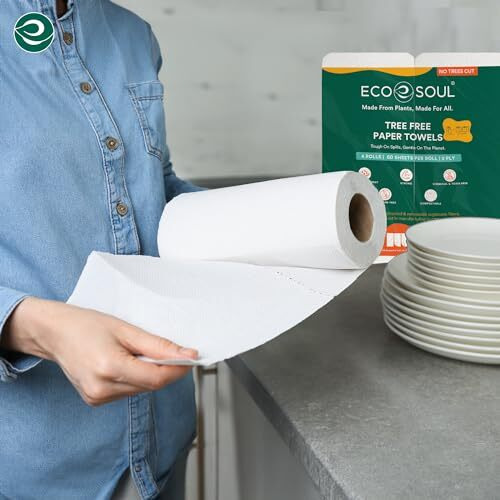 Eco Soul [2 Ply, 360 Pulls] Tree-Free Kitchen Paper Towel | Pack Of 6 (60 Pulls Per Pack) | Soft & Highly Absorbent | Eco Friendly, Natural, Biodegradable | Everyday Kitchen Paper Towel