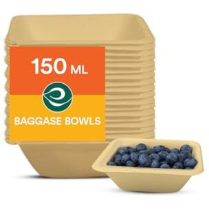 Eco Soul [150 Ml, 50 Pack Disposable Bagasse Bowls | Eco-Friendly, Biodegradable, Sugarcane Paper Bowls | For Serving Snacks & Dinner | Birthday, Wedding & Party | Square, Beige