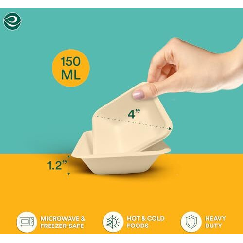 Eco Soul [150 Ml, 50 Pack Disposable Bagasse Bowls | Eco-Friendly, Biodegradable, Sugarcane Paper Bowls | For Serving Snacks & Dinner | Birthday, Wedding & Party | Square, Beige