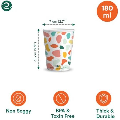 Eco Soul [180 Ml, 50 Count] Disposable Multi-Colour Paper Cups| Plastic-Free Aqueous Coated | Eco-Friendly & Biodegradable Cups | Use & Throw Party Glasses | Ideal For Tea, Coffee & Water | 190 Gsm
