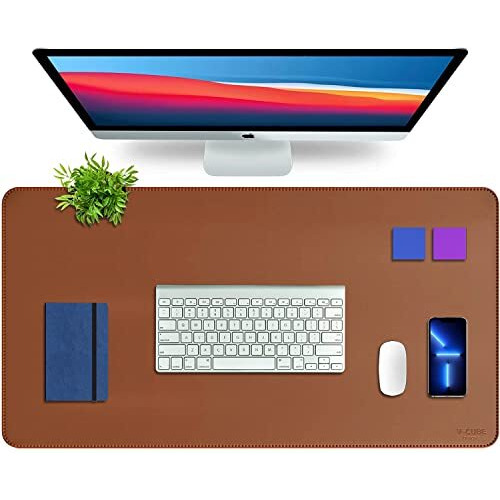 V-Cube Designs Premium Vegan Leather Desk Mat 90X45Cm 2.4Mm Thick&Padded|Laptop Mat/Extended Mouse Pad/Stitched, Reversible, Sturdy Deskspread With High Tear/Peel Strength|Anti-Slip,Splash-Proof| Tan