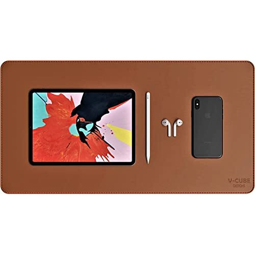 V-Cube Designs Premium Vegan Leather Desk Mat 60X35Cm 2.4Mm Thick&Padded|Laptop Mat/Extended Mouse Pad/Stitched, Reversible, Sturdy Deskspread With High Tear/Peel Strength|Anti-Slip,Splash-Proof|Tan