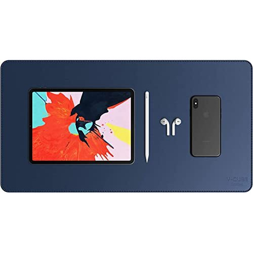 V-Cube Designs Premium Vegan Leather Desk Mat 60X35Cm 2.4Mm Thick&Padded|Laptop Mat/Extended Mouse Pad/Stitched, Reversible, Sturdy Deskspread With High Tear/Peel Strength|Anti-Slip,Splash-Proof|Blue