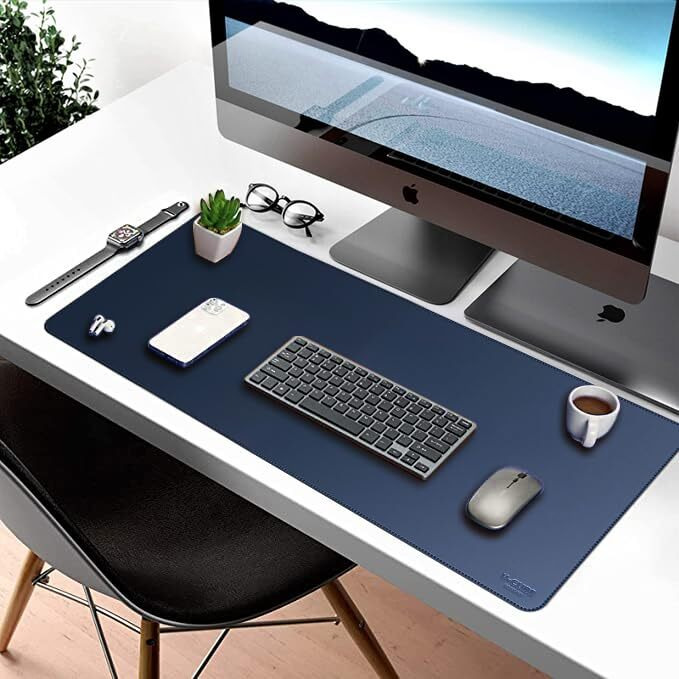 V-Cube Designs Premium Vegan Leather Desk Mat 75X40Cm 2.4Mm Thick&Padded|Laptop Mat/Extended Mouse Pad/Stitched, Reversible, Sturdy Deskspread With High Tear/Peel Strength|Anti-Slip,Splash-Proof|Blue