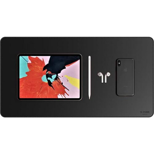 V-Cube Designs Desk Mat|60X35Cm|2.4Mm Thick(Padded)|Premium Vegan Leather Laptop Mat/Extended Mouse Pad/Stitched, Reversible, Sturdy Deskspread | High Tear/Peel Strength|Anti-Slip,Splash-Proof| Black