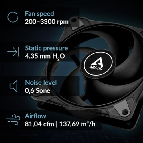 Arctic P12 Max - Pc Fan, High Performance 120Mm Case Fan, Pwm Regulation 200-3300 Rpm, Static Pressure Optimized, 0Db Mode, Dual Ball Bearing - Blac