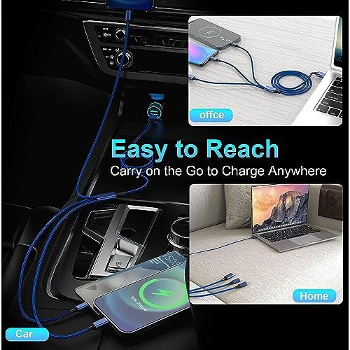 Var-Ni 3 In 1 Charging Cable Nylon Braided Multiple Usb Fast Charging Cable, Compatible For All Smartphone, Iphones And Android, Ios And Type C Devices & Car Charging. By Marchpower.