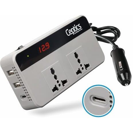 Ceptics 200W Car Laptop Charger/Power Inverter With 2 Usb(3.1A Max) + 1 C Type(1 * 18W Pd) Smart Usb Charging Ports, 12V Dc To 220V Ac, 2X Universal Ac Outlet, Grey, 18 Months Warranty