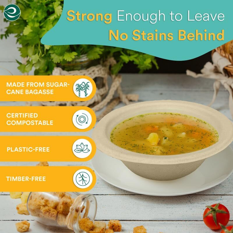 Eco Soul [350 Ml, 50 Pack Disposable Bagasse Bowls | Eco-Friendly, Biodegradable, Sugarcane Paper Bowls | For Serving Snacks & Dinner | Wedding & Party | Round, Beige