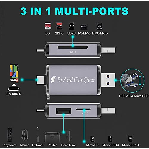 Brand Conquer Metal Body 6 In 1 With Otg, Sd Card Reader, Usb Type C, Usb 3.0 And Micro Usb, For Memory Card | Portable Card Reader | Compatible With Tf, Sd,Micro Sd,Sdhc, Sdxc, Mmc,Rs-Mmc, Micro Sdxc