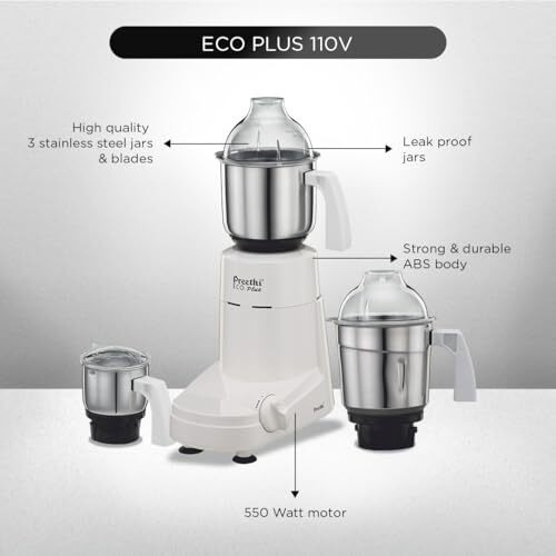 Preethi Eco Plus Mg-138 110V, 550 Watt Mixer Grinder With 3 Jars (0.4L, 1L & 1.5L)- Only Use In Usa & Canada