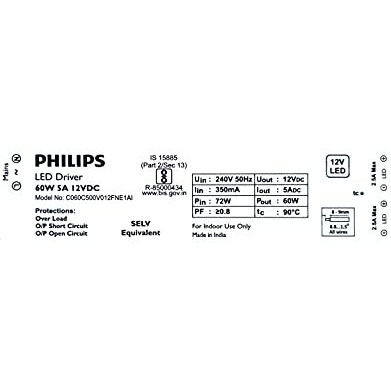 Philips Led Transformer 25 To 60 Watts 5A 12Vdc For Profile Light Strip Tape, Black