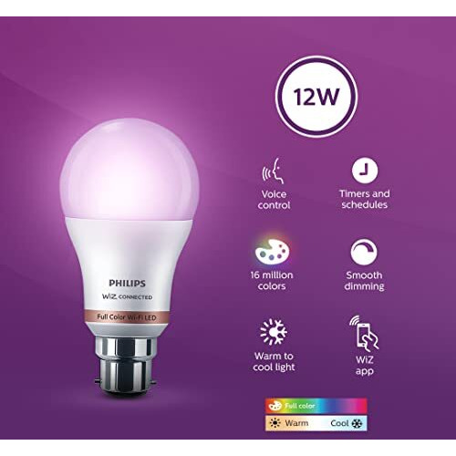 Philips Wiz Neo 12W B22 Wi-Fi & Bluetooth Led Smart Bulb With Music Sync, Compatible With Amazon Alexa & Google Assistant, 16 Million Colours & Motion Sensing Technology | Pack Of 1