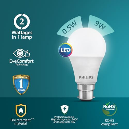 Philips Multi - Wattage Led Bulb | 2 Wattages (9W, 0.5W) In 1 Led Bulb | Colour  Crystal White, Pack Of 1
