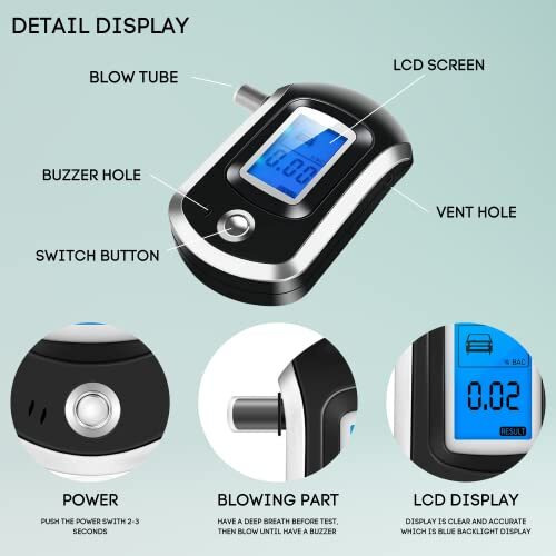 Esspron E-20 Professional Digital Breath Alcohol Tester | High-Precision Alcohol Breath Checker Detector | Portable Breathalyser With Lcd Display & 5 Replaceable Mouthpieces | Sound Beep Alert