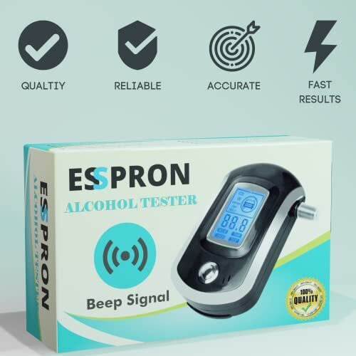 Esspron E-20 Professional Digital Breath Alcohol Tester | High-Precision Alcohol Breath Checker Detector | Portable Breathalyser With Lcd Display & 5 Replaceable Mouthpieces | Sound Beep Alert