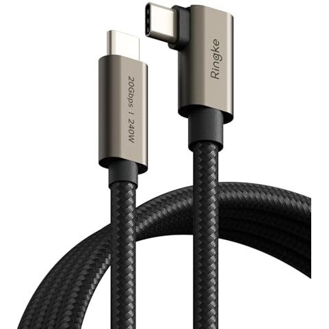 Ringke 90 Degree Usb 3.2 Gen 2X2 Usb-C Cable [2M / 240W] Right Angle Type C To C Fast Charging Nylon Braided Charger Cord Designed For Iphone 16 15 Series, Samsung Galaxy Series Etc. - Black