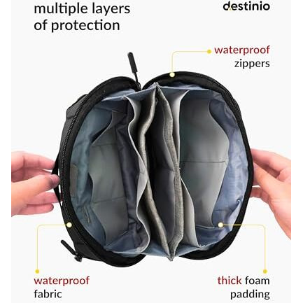 Destinio Waterproof Padded Gadget Organizer - Tech Pouch For Usb Cable, Travel Adapter, Laptop Mobile Charger, Power Bank, Ear Phones,Hard Disk, Digital Electronic Accessories Organiser Bag (Black)
