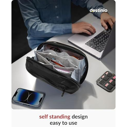Destinio Waterproof Padded Gadget Organizer - Tech Pouch For Usb Cable, Travel Adapter, Laptop Mobile Charger, Power Bank, Ear Phones,Hard Disk, Digital Electronic Accessories Organiser Bag (Black)
