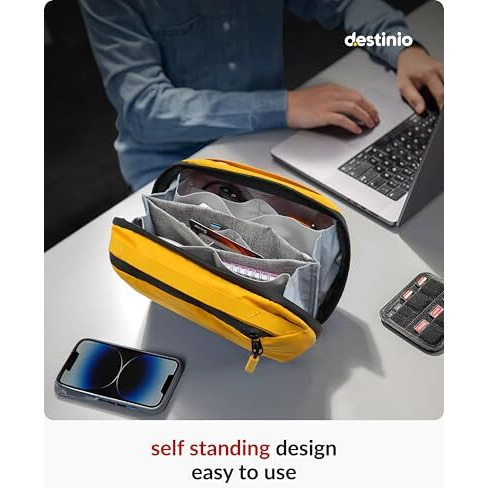 Destinio Electronic Gadget Organizer Bag - Waterproof Padded Tech Pouch For Usb Cable, Travel Adapter, Laptop Mobile Charger, Power Bank, Ear Phones,Hard Disk, Digital Accessories Organiser (Yellow)