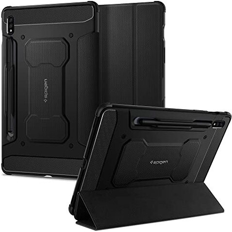 Spigen Rugged Armor Pro For Galaxy Tab S8 / Tab S7 5G / Tab S7 11Inch Full Cover Folio Case With Built In S Pen Holder, Trifold Stand - Black